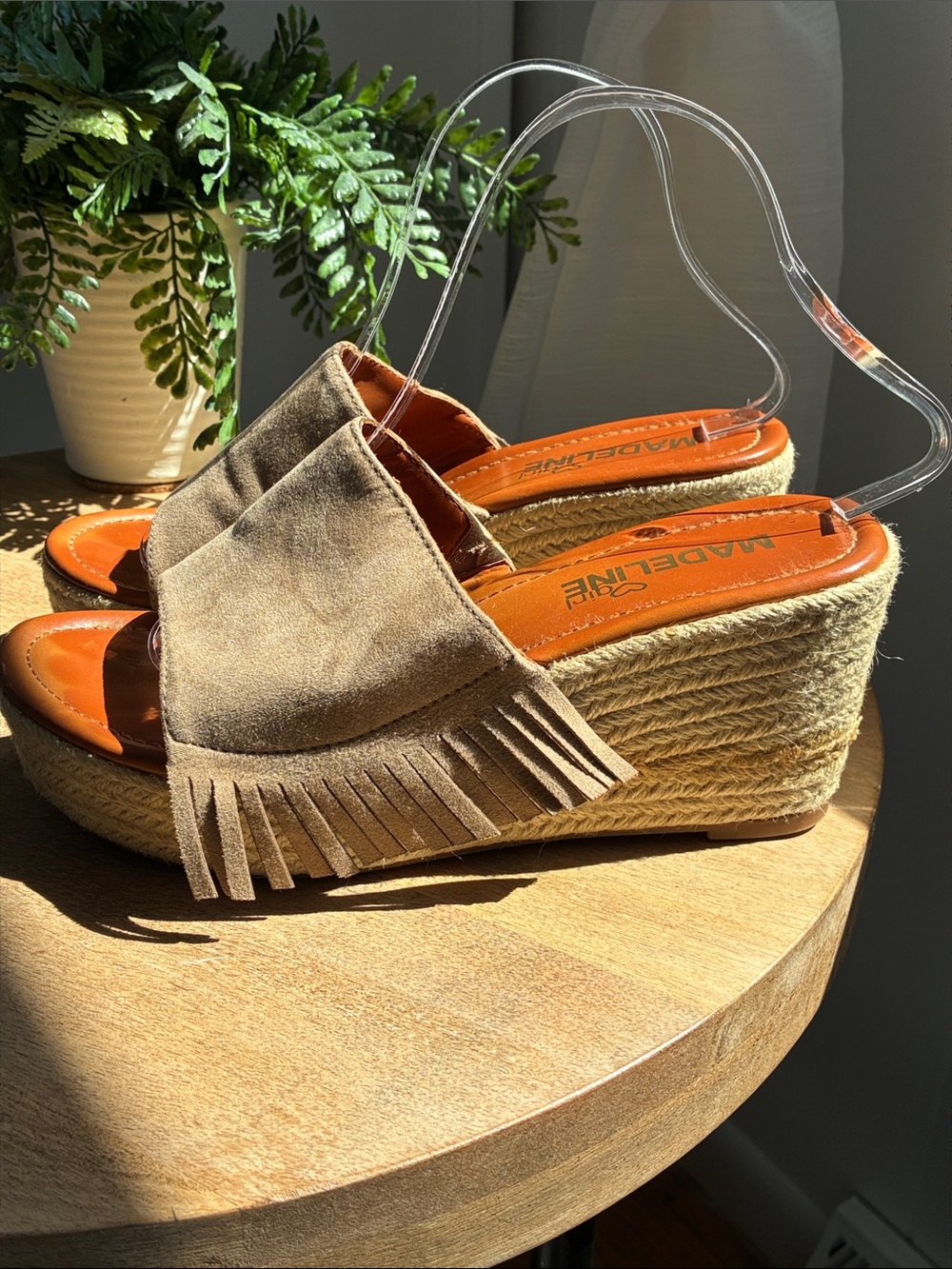 Madeline girl DASHED Tan Faux Suede Fringed Wedge Sandals 7.5